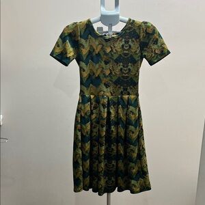 LuLaRoe Green and Gold Chevron Mini Dress